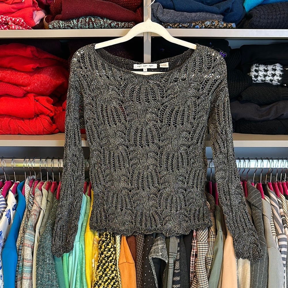 Eight Eight Eight gray/silver threads long sleeve open knit sweater size S
